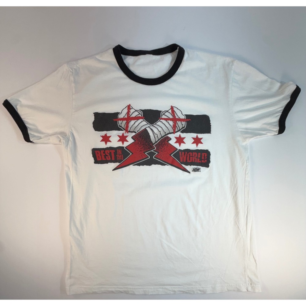 AEW CM Punk Best in the World Ringer T-Shirt White Black Chicago Graphic XL